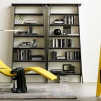 Yellow armchair and black bookcase