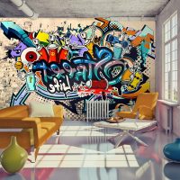 Living room design with graffiti on the wall