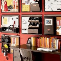 Office supplies on the red wall