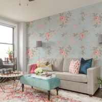 Wall decoration of the living room with floral wallpaper