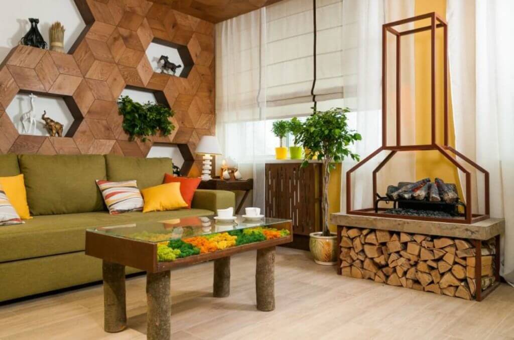 Design of an apartment with a wood fireplace