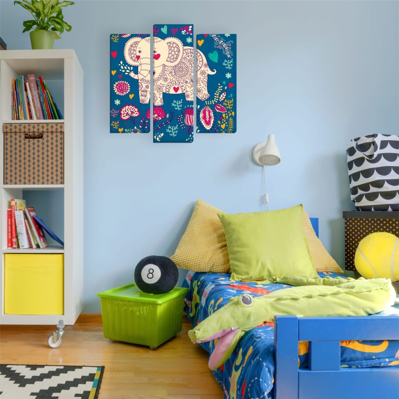 Hand-drawn elephant in a modular picture in a nursery