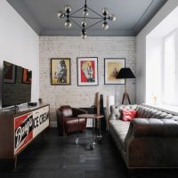 Gray ceiling in a narrow living room