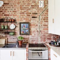 Kitchen design with brick wall.