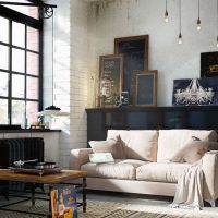 Living room with bleached brick wall
