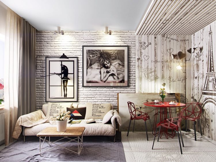 Conception du salon moderne avec mur de briques.