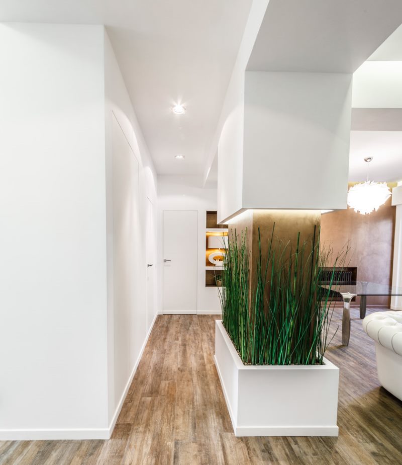 Decorative column with living plants in a white studio apartment