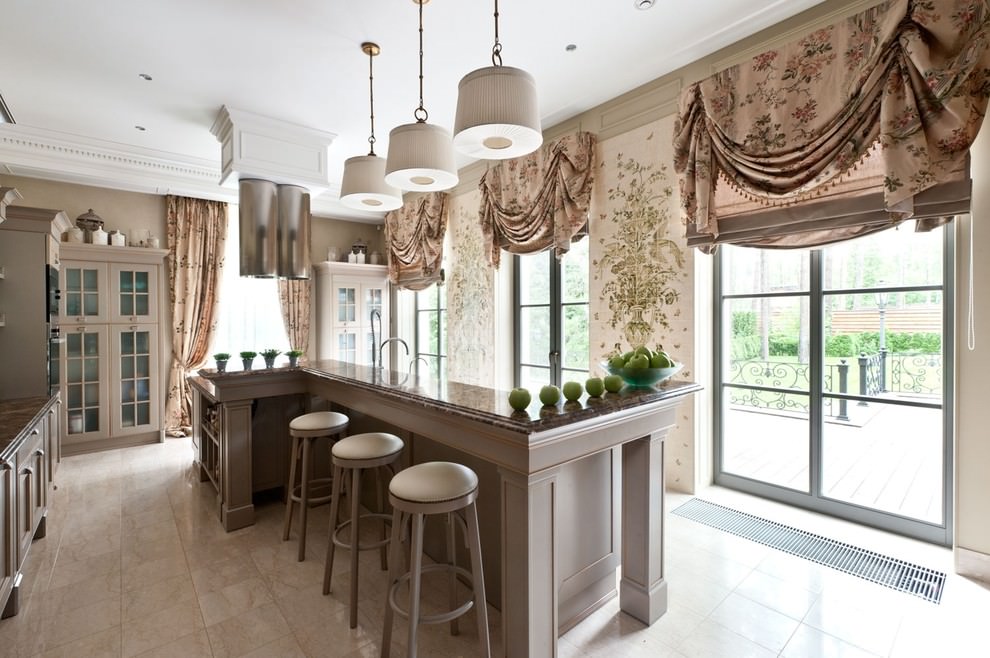 Brown Roman curtains in the kitchen interior