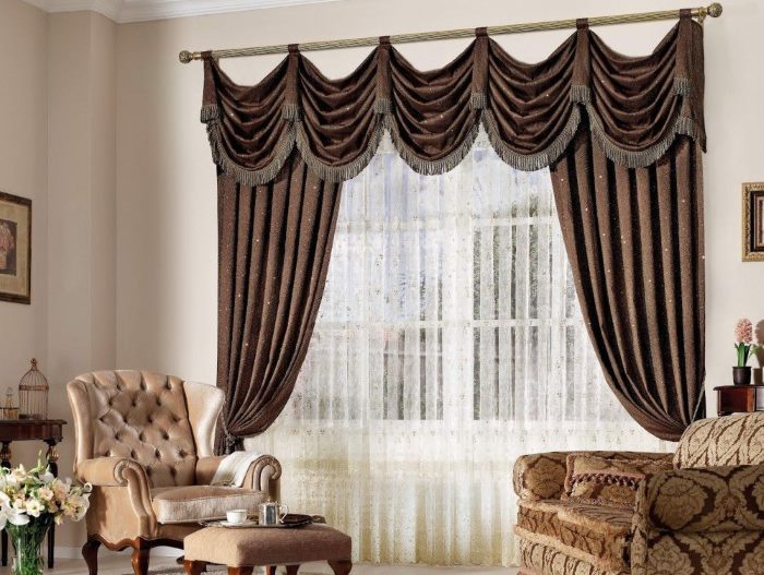 Brown pelmet curtains in the classic living room