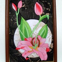 Pink tulips in a patchwork