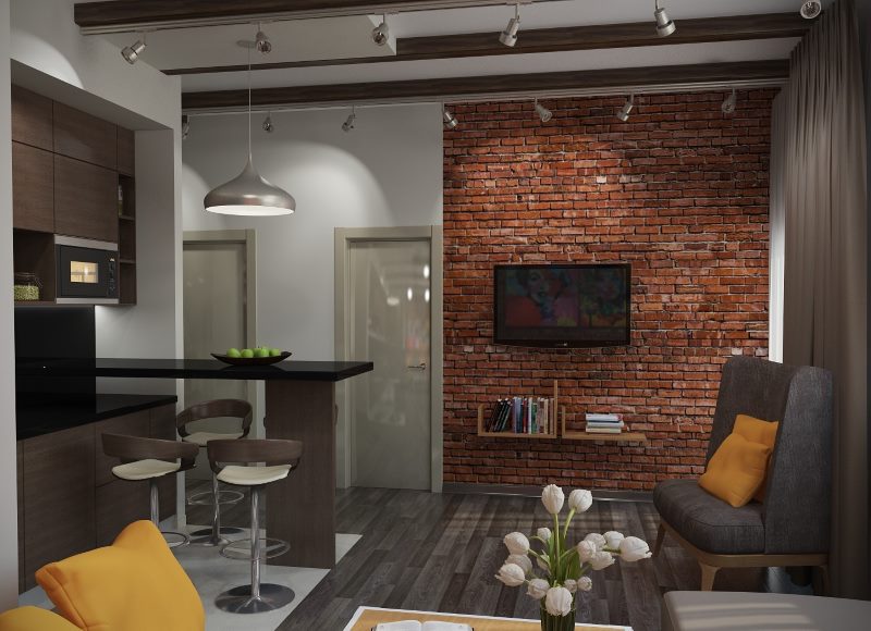 Loft-style kitchen-living room design