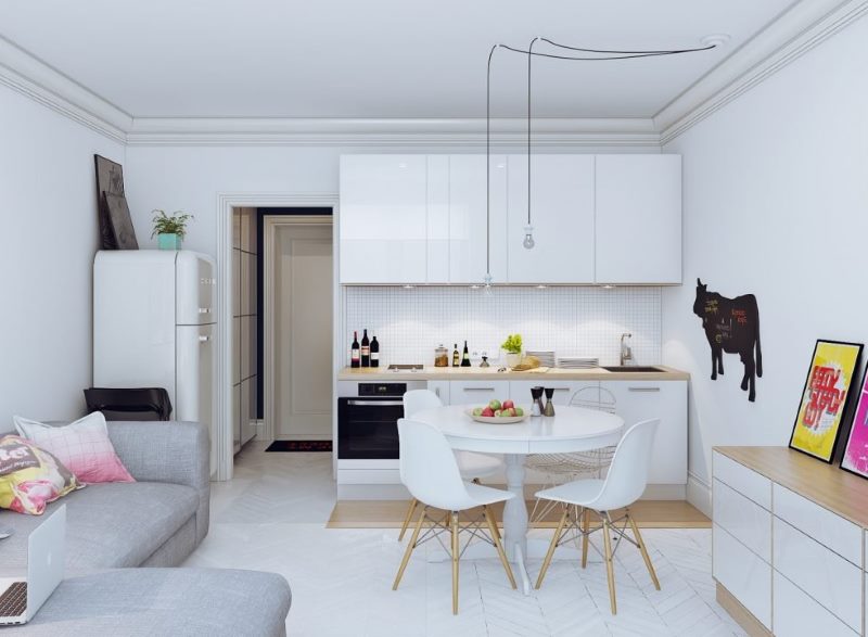 White kitchen-living room of 18 squares