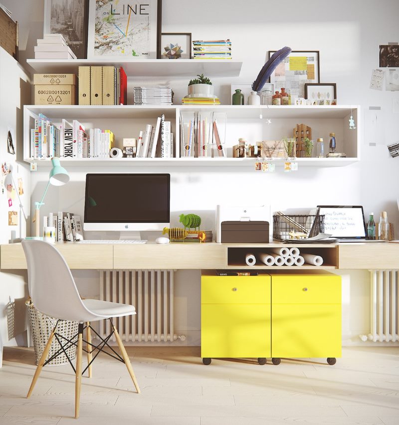Table de chevet couleur citron à l'intérieur d'un bureau à domicile