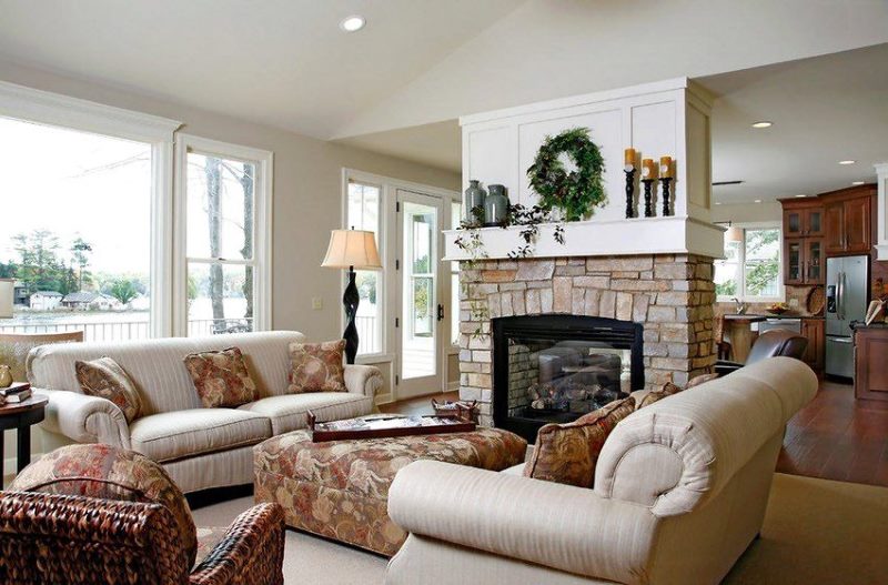 Zoning a spacious living room with a fireplace