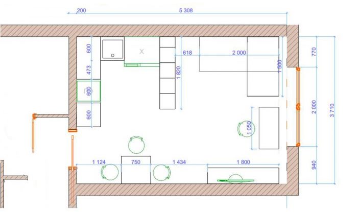 Plan de la cuisine-salon de 20 mètres carrés