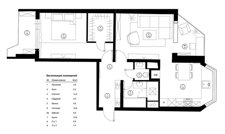 Plan d'un appartement de deux pièces dans une maison de 44t avec des meubles