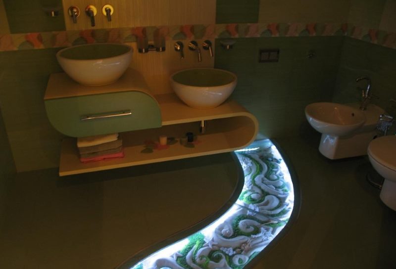 Decorative floor lighting in the interior of the bathroom