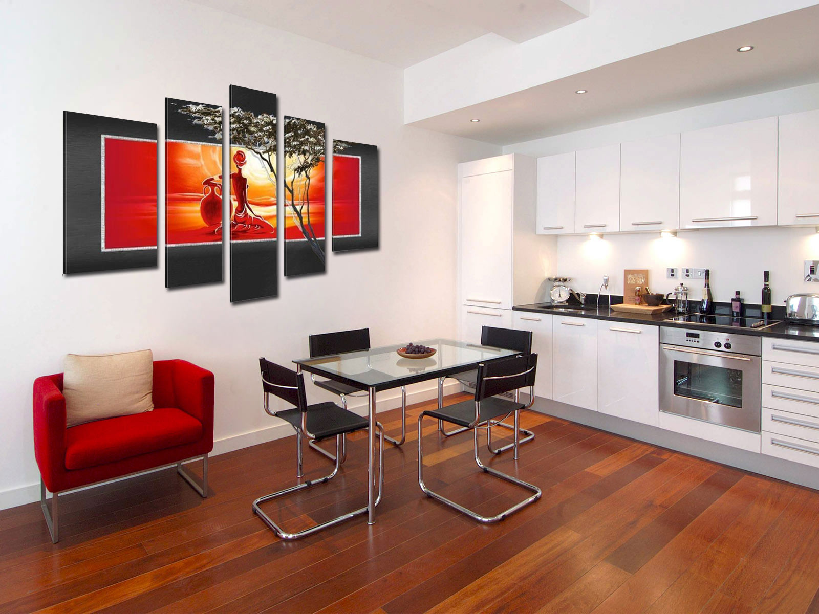 Stylish modular paintings in the interior of the kitchen