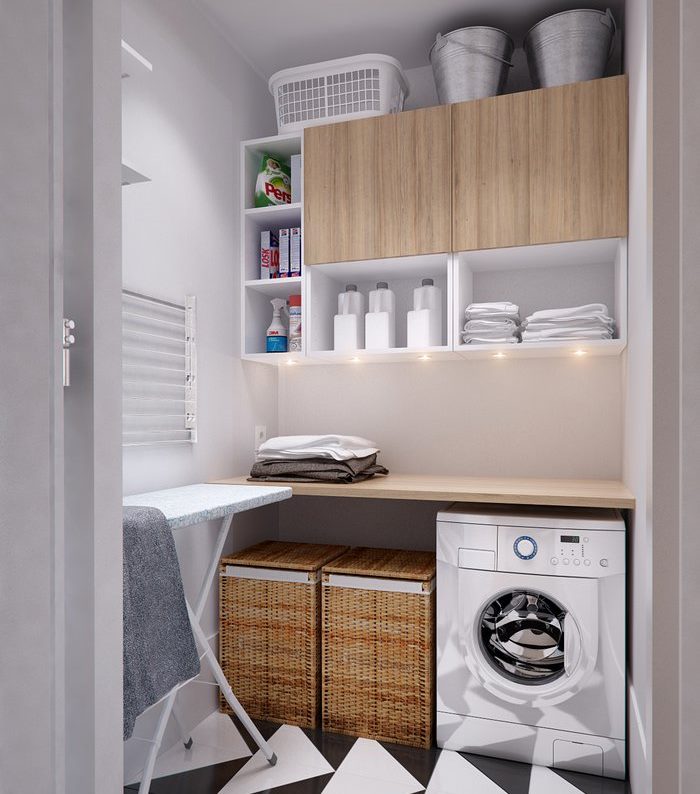 Laundry room with ironing board in a small pantry