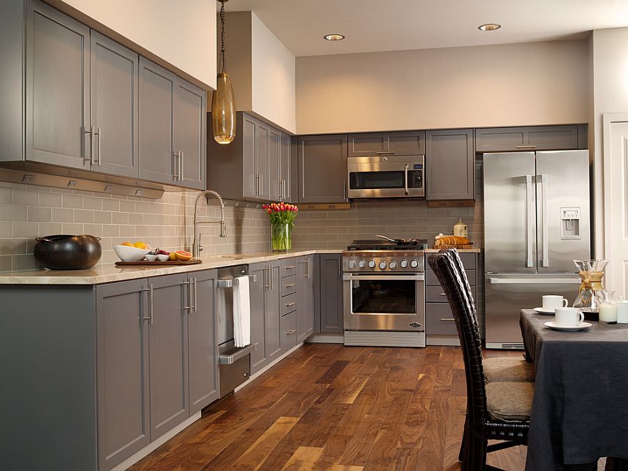 Design of a modern kitchen with a gray set