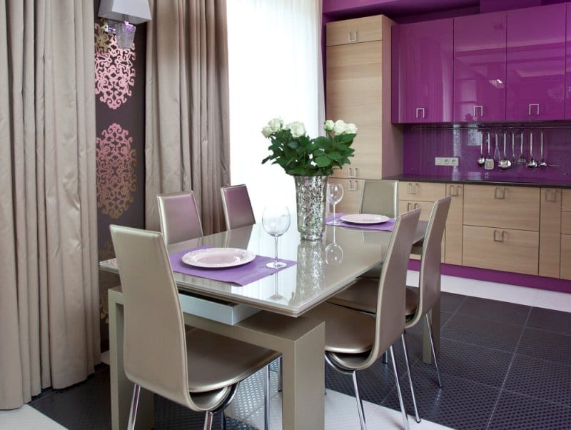 Gray-violet kitchen design with ceramic floor