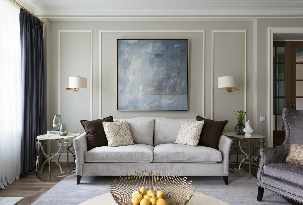 Classic living room design with gray sofa.