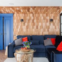 Wooden planks on the living room wall