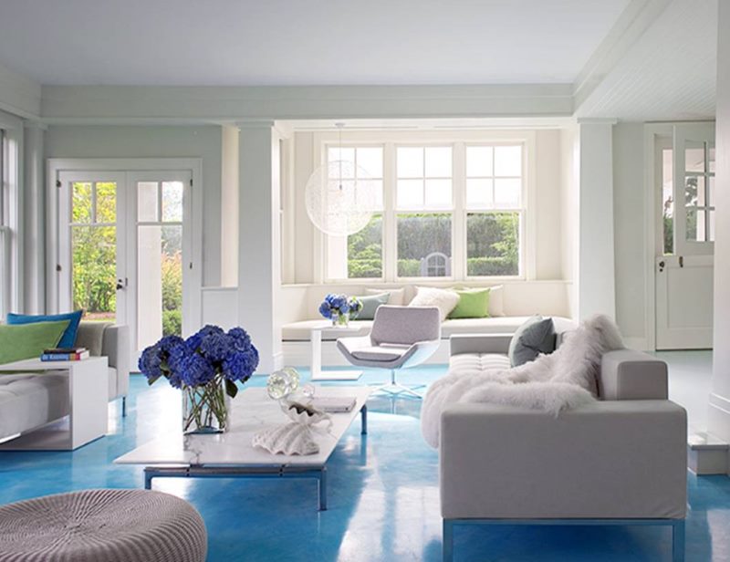 Light blue floor in a modern living room of a private house