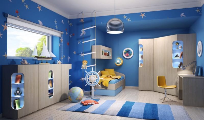 Design of a kids room with blue walls