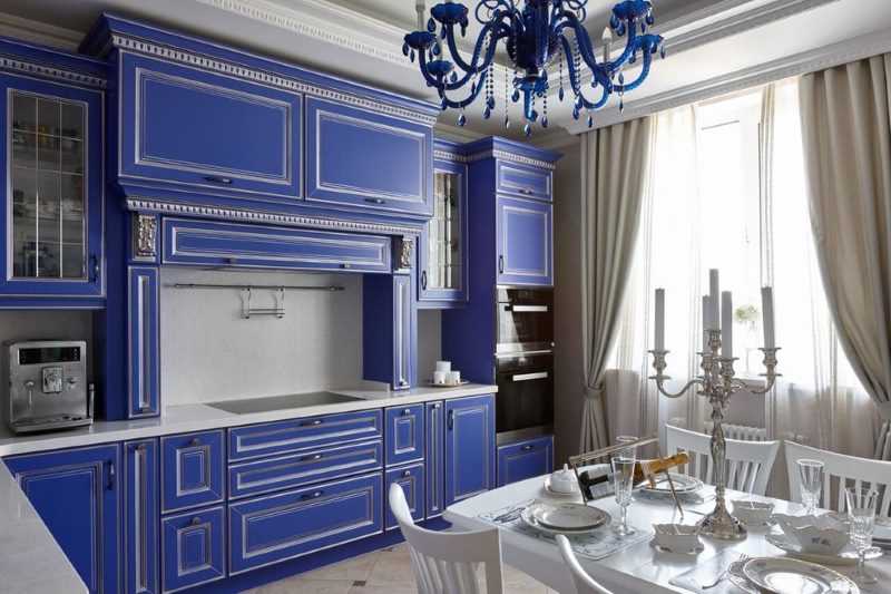 Linear kitchen with blue furniture