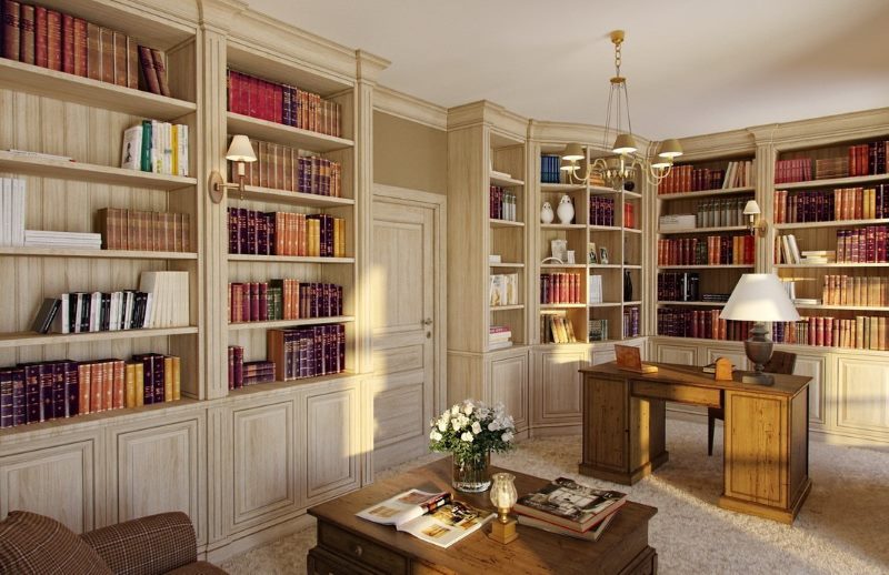 Home library interior with desk
