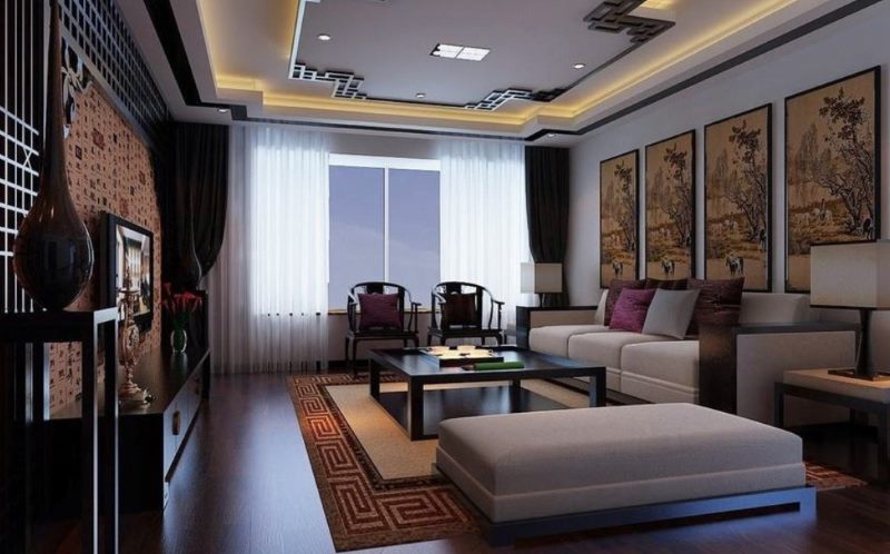 Dark brown living room floor with multi-level ceiling