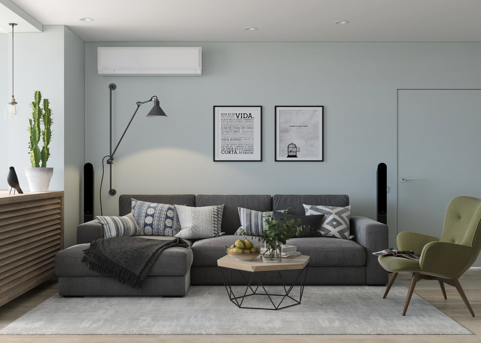 Dark gray sofa in the living room of a panel house
