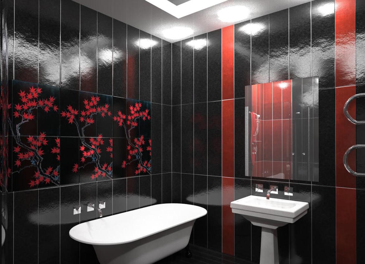 Carrelage noir sur un mur de salle de bain de style chinois
