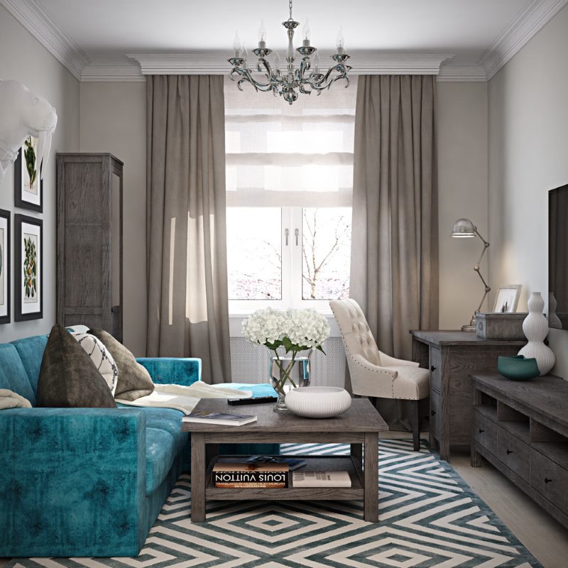 Living room design turquoise sofa