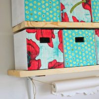 Wooden shelves for cardboard boxes