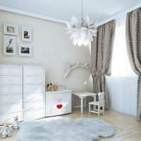 Children's room with gray polka dot curtains