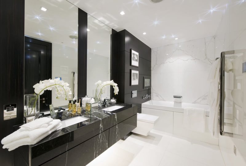 Black natural stone tiles on the bathroom wall