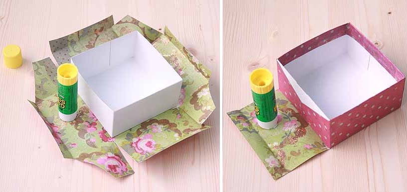 Įklijuokite kartoninę dėžutę su dovanų popieriumi