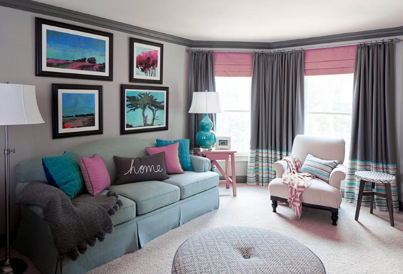 Room design with gray and pink curtains