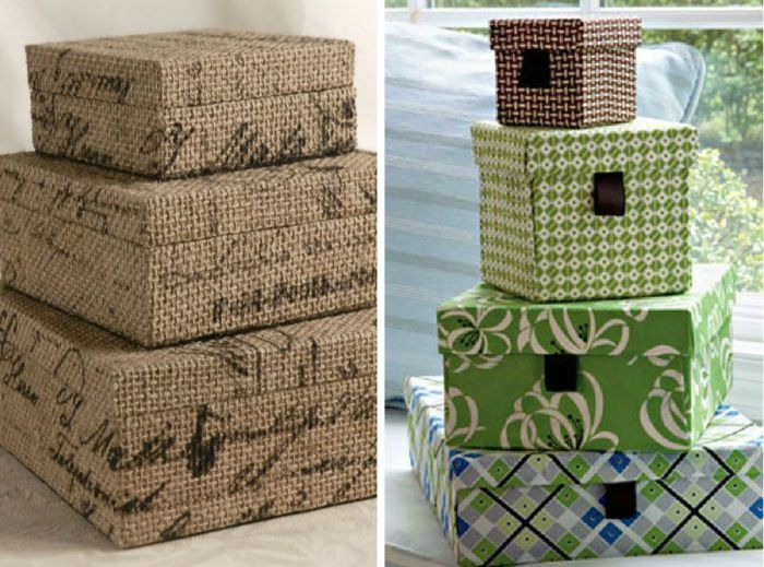 Decoration of boxes with burlap and paper