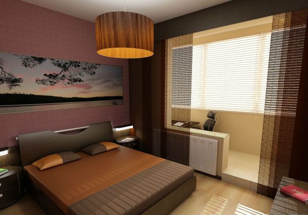 Bedroom design with balcony in warm brown tones
