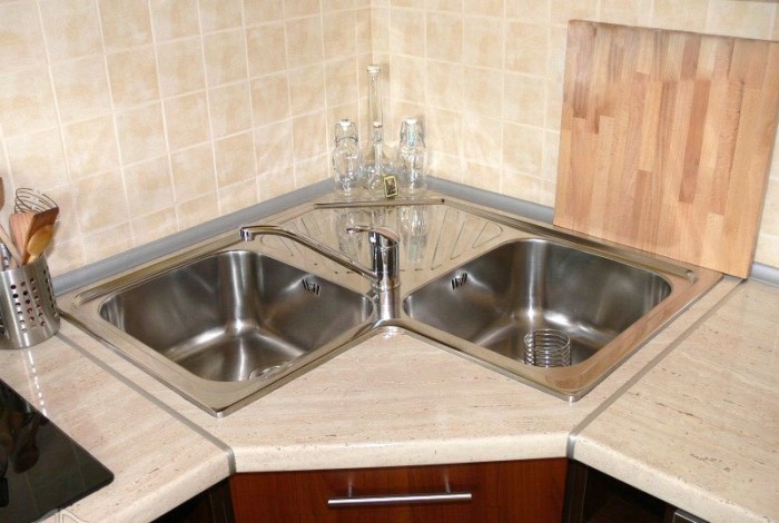 corner cabinet with two sinks.