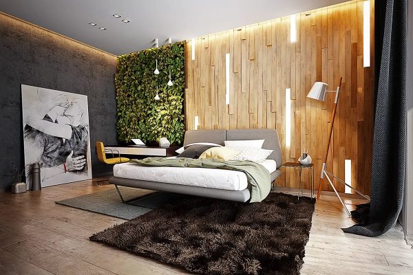 The eco-style bedroom is expensive and striking in its beauty.