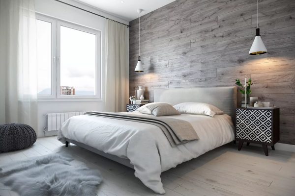 Cozy bedroom in light colors with slight dark accents
