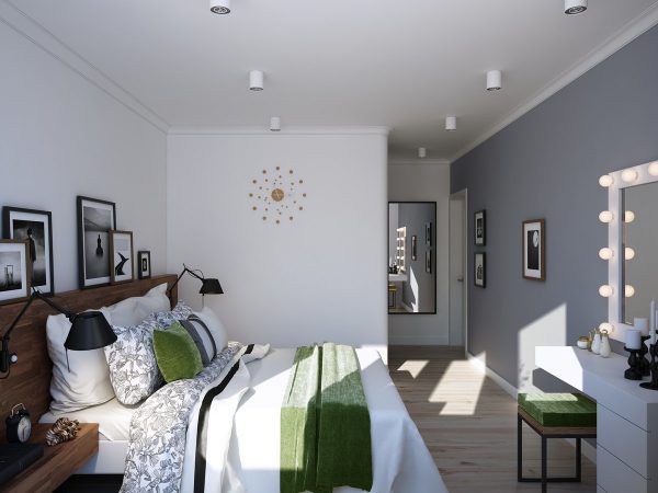 Добре е бялата спалня да се разрежда с ярки акценти: възглавници, елементи на декора