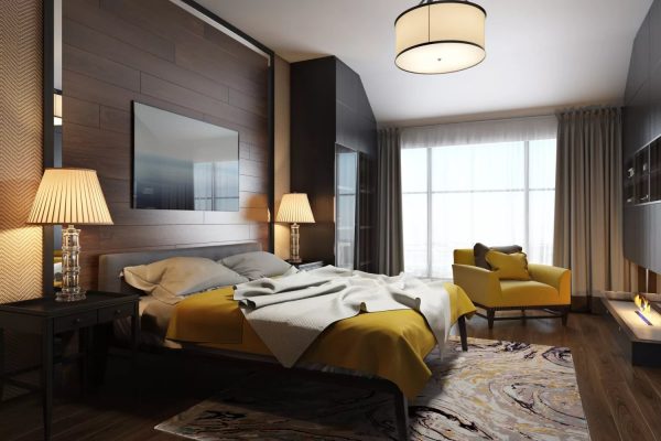 Luminosa camera da letto in tonalità marrone chiaro
