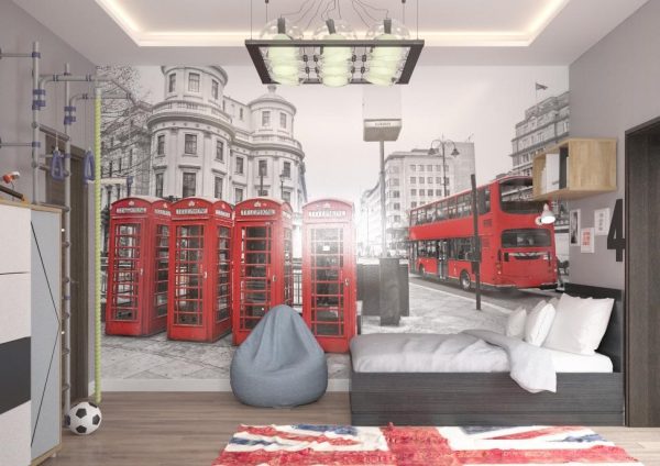 Il design di una camera per bambini in stile inglese può avere solo una macchia di colore: carta da parati fotografica con vista su Londra.