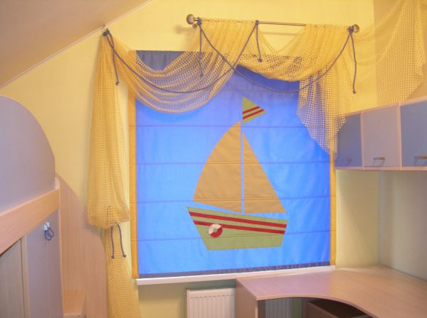 For older children, Roman or Japanese curtains will be an excellent option, which will protect from light and at the same time, do not occupy space.